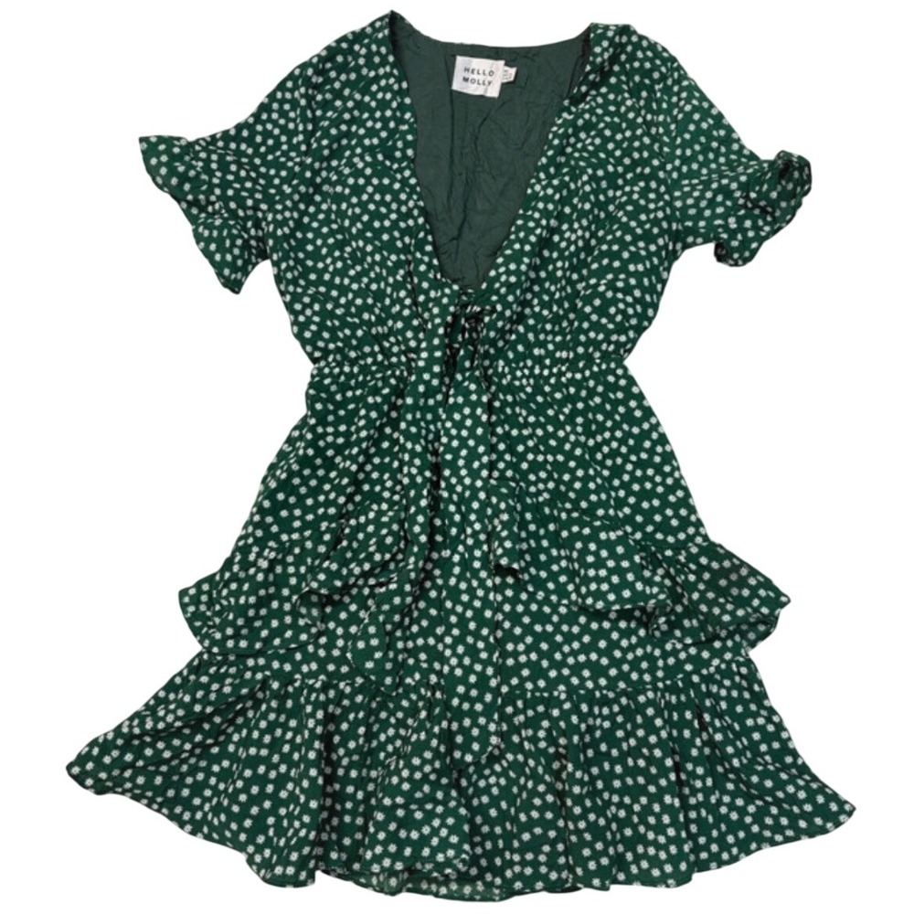 Hello Molly Green Floral Daisy Tie Front Tiered Ruffle Mini Dress Womens Size 2